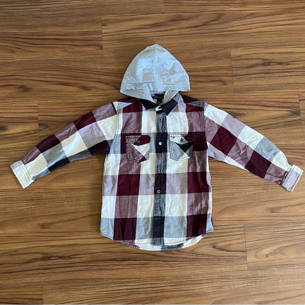Tommy Hilfiger Plaid Hooded Kids Shirt - Maroon and Gray Size 6